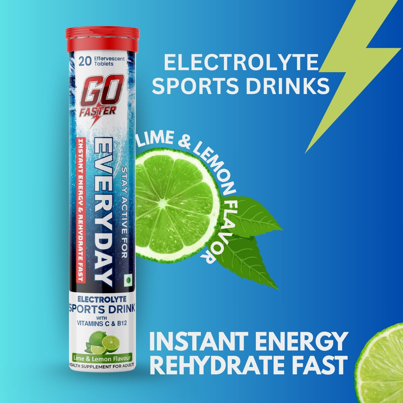 GOFASTER Electrolyte Sports Drink Tablets | Orange Flavour | Instant Energy & Hydration | Vitamin C & B12 | No Caffeine | Low Sugar | 20 Effervescent Tablets