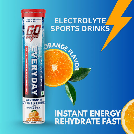 Tube of GO FASTER Everyday electrolyte sports drinks with orange flavor on a blue background