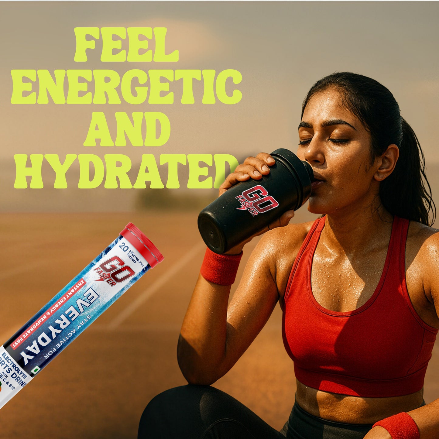 GOFASTER Electrolyte Sports Drink Tablets | Orange Flavour | Instant Energy & Hydration | Vitamin C & B12 | No Caffeine | Low Sugar | 20 Effervescent Tablets
